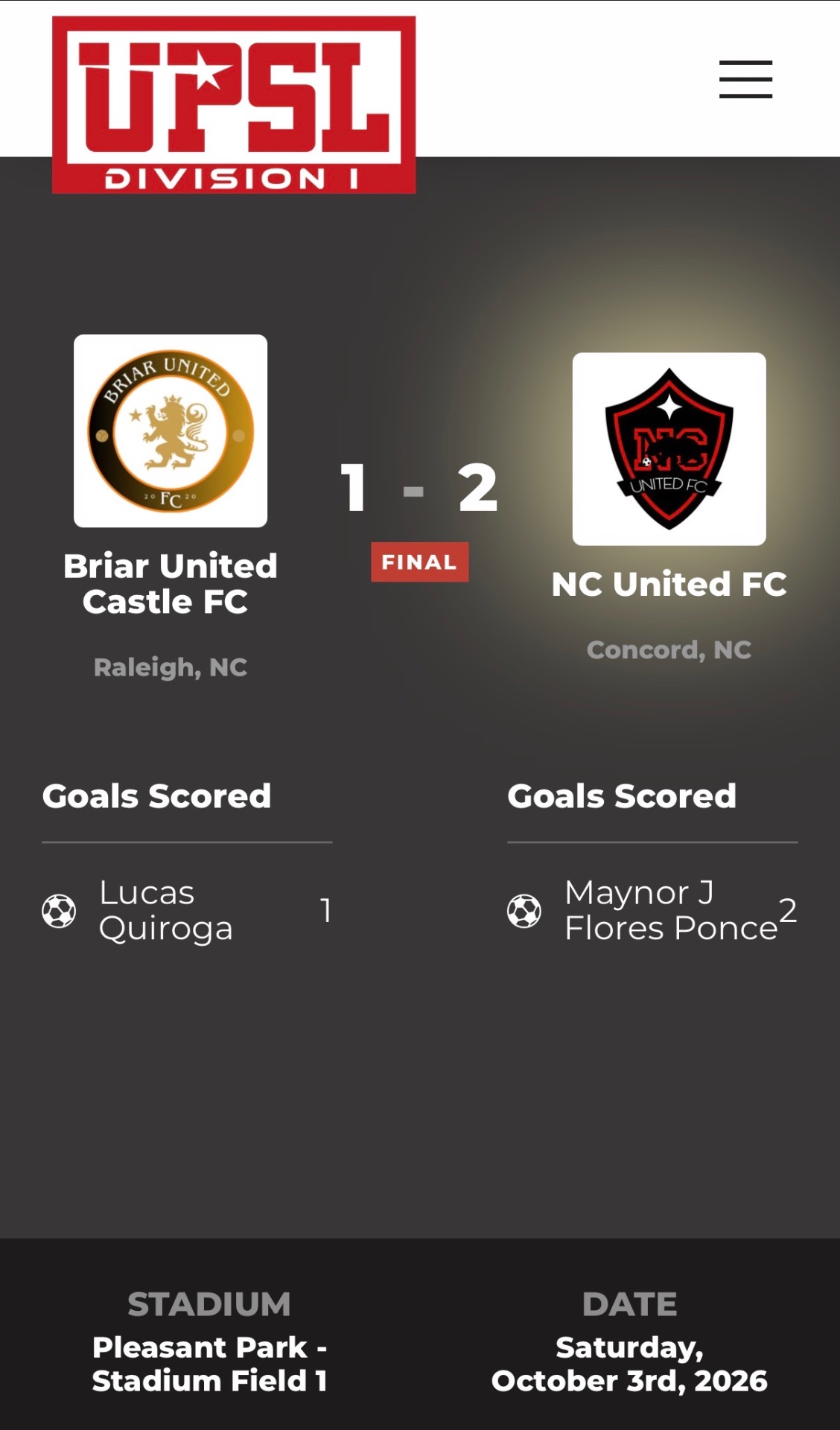 UPSL Division I final-score graphic: Briar United Castle FC 1–2 NC United FC, October 3, 2026, at Pleasant Park — Stadium Field 1.